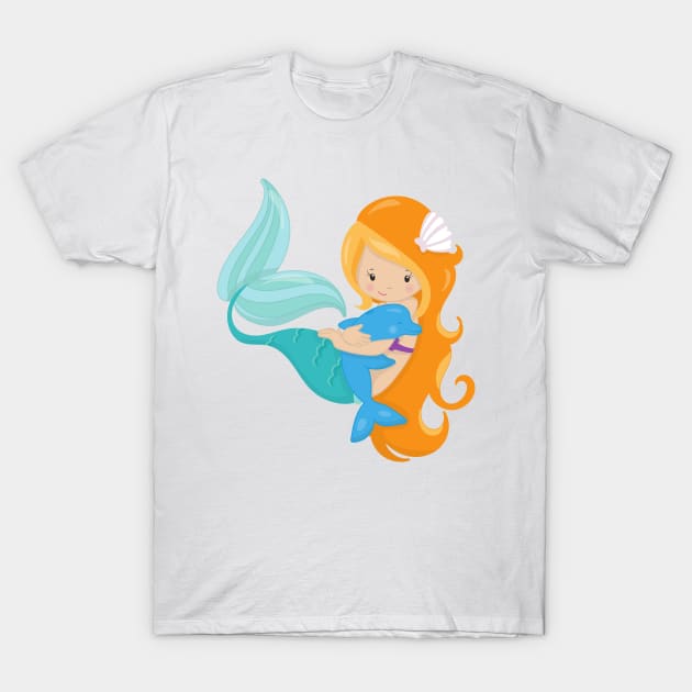 Cute Mermaid, Little Mermaid, Orange Hair, Dolphin T-Shirt by Jelena Dunčević